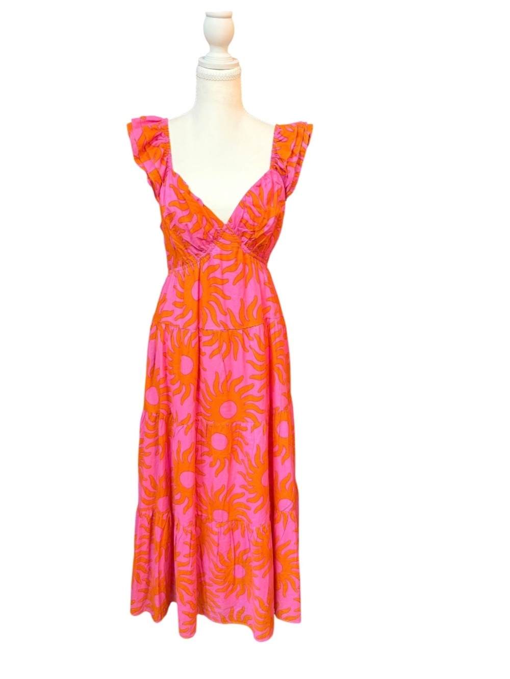 J. Marie Pink Orange Sun Print Open Back Tie Maxi Dress XL NWT $180
